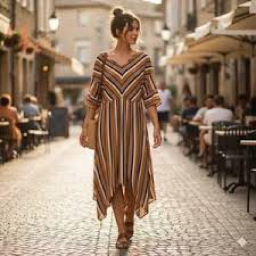 Umgee Asymmetrical Striped Dress in Mustard and Navy